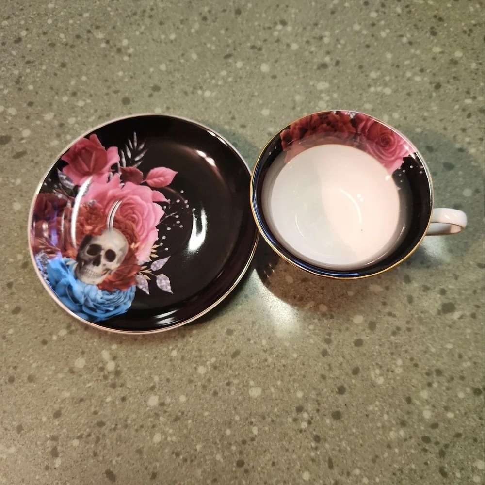 Grace Teaware Porcelain Tea Cup & Saucer Floral Skull Gothic Spooky Halloween